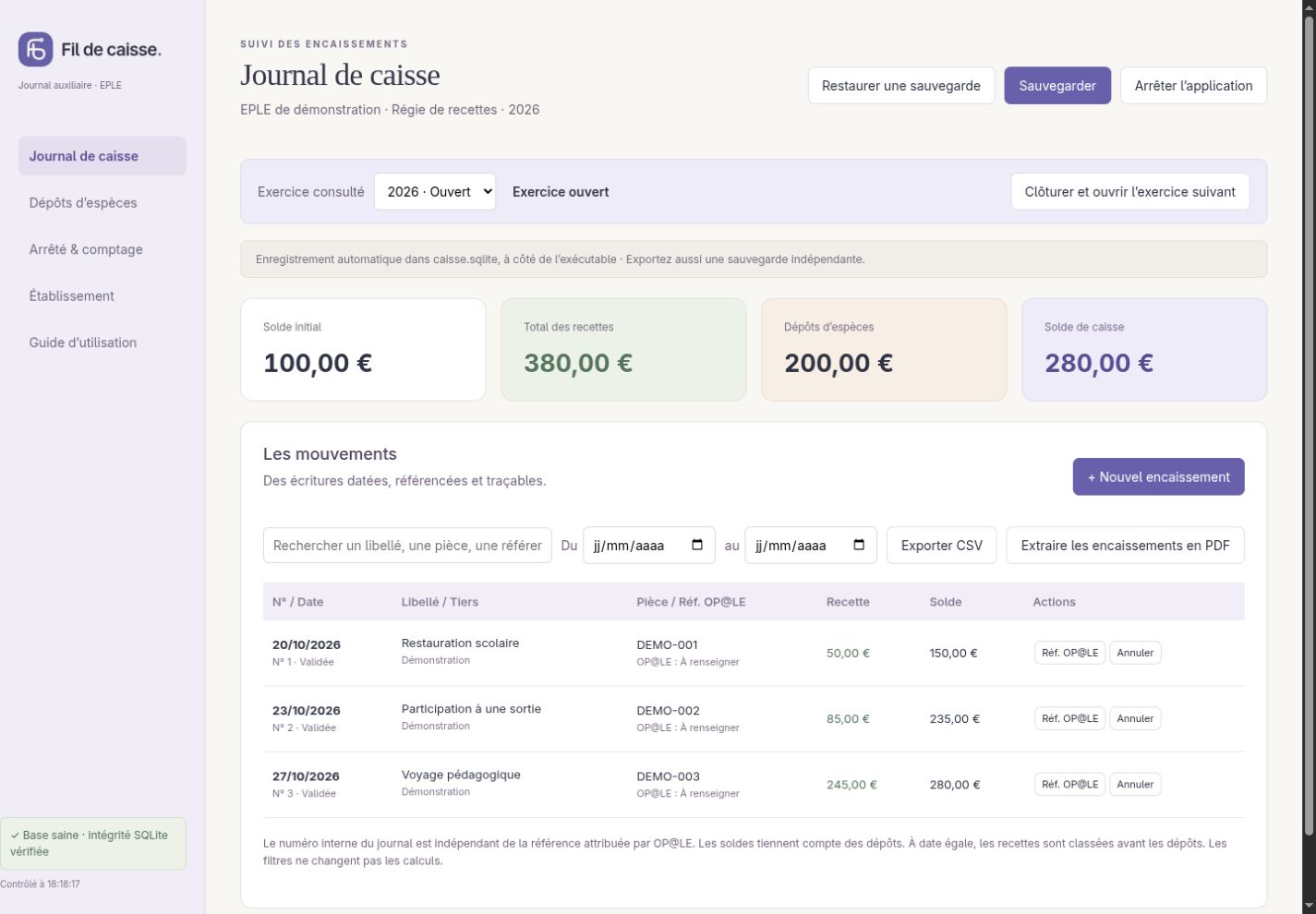Capture réelle de Fil de caisse : journal, recettes, dépôts et solde de 280 euros, avec des données de démonstration.